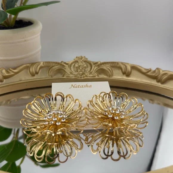 Statement Gold Flower Earrings with Cubic Zirconia – Bold Bloom Design - Picture 8 of 10